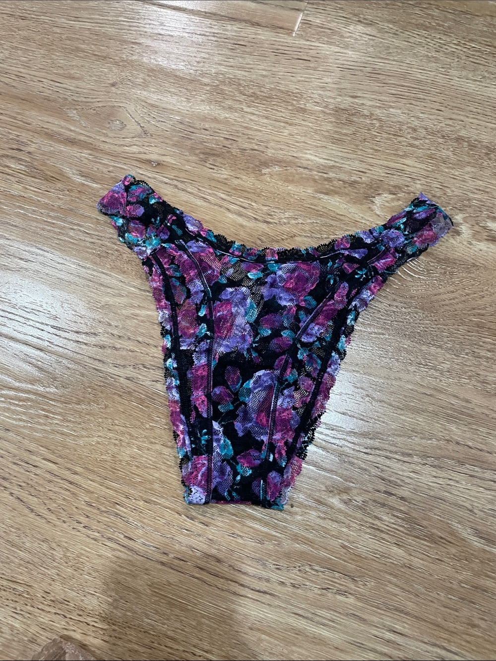 Victoria's Secret Black Floral Lace Thong with Pink & Purple Accents